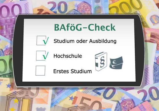 Tablet auf Geldscheinen, Bildschirm zeigt (symbolisch) BAföG-Check